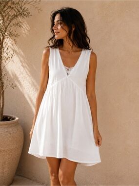 Charlie Paige White Babydoll Dress Sleeveless Boho Summer Dress 100% Cotton